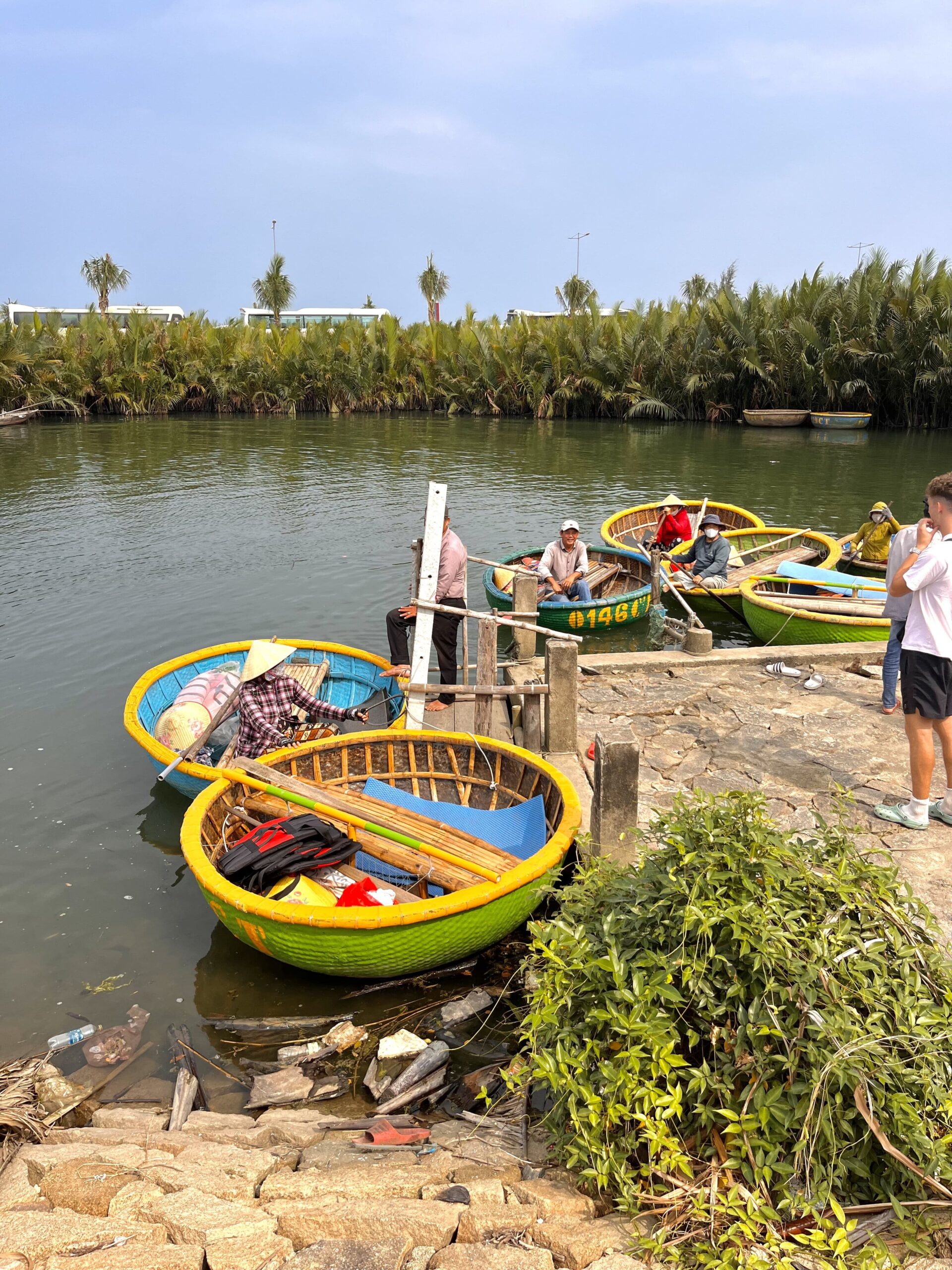 Local workers in coconut boats navigating through the lush palm forests of Cam Thanh Village, Hoi An, Vietnam.